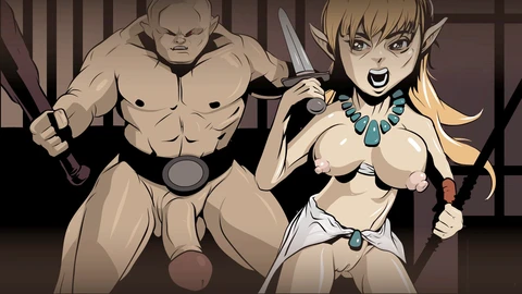 Fearful elf girl with a tight shaved pussy races from a well-endowed canal troll in an uncensored hentai cartoon