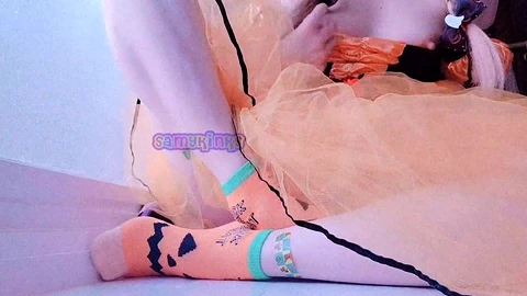 Shaved pussy, hallowwen costume, climax