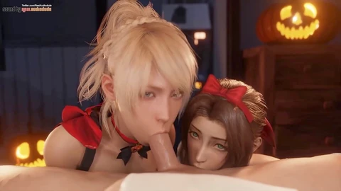 Luna and Aerith celebrate Halloween with an incredible sound version of deep-throating a massive cock